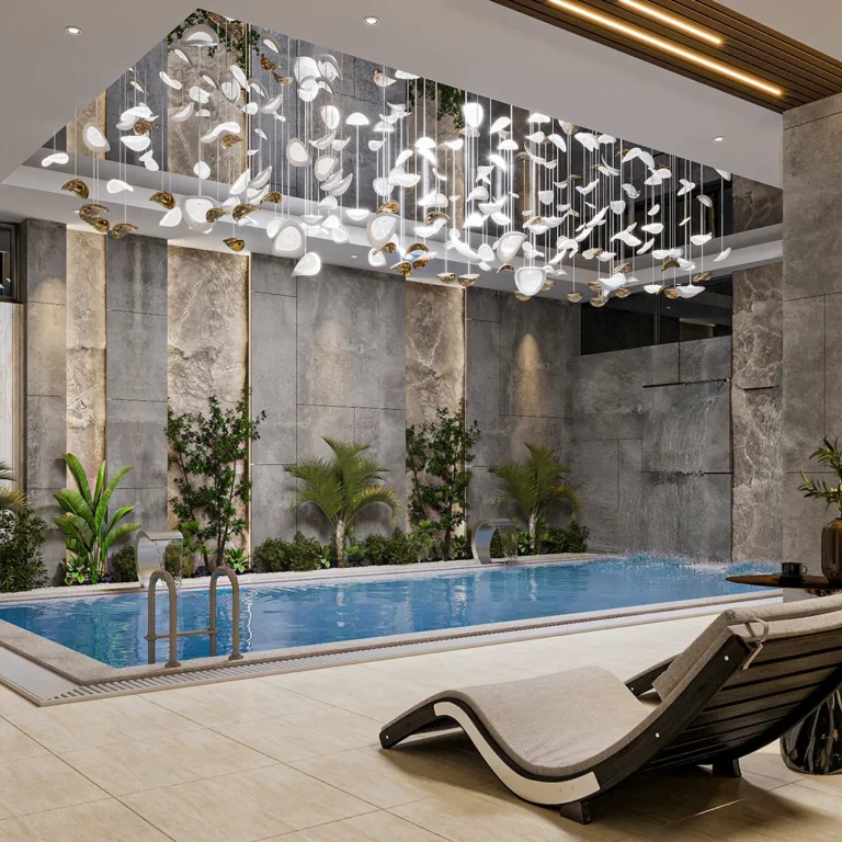 Luxurious Indoor Swimming Pool in Dubai Villa with Elegant Design Features and Mood Lighting