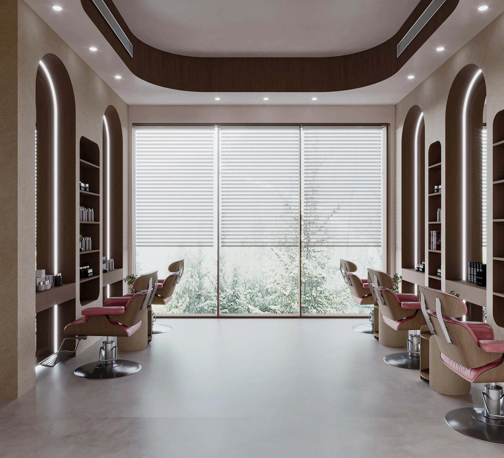 Minimalist beauty in Dubai's Salon Hair Station Area Interior Design featuring clean lines.