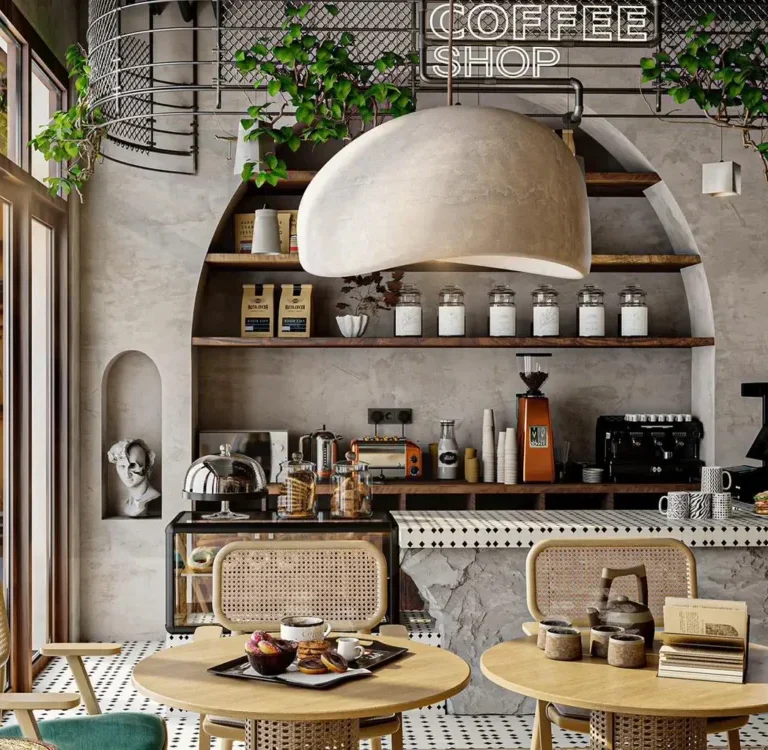 Chic and spacious cafe interior design showcasing wooden accents and plants.