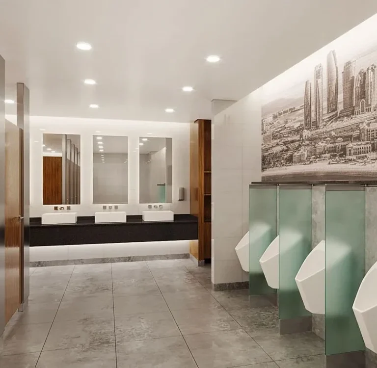 Office Staff Bathroom Interior Design portraying elegance and modernity.