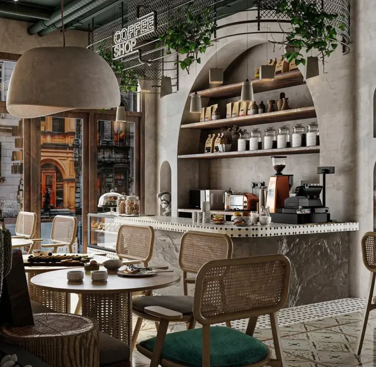 Modern cafe interior design featuring cozy seating and ambient lighting.