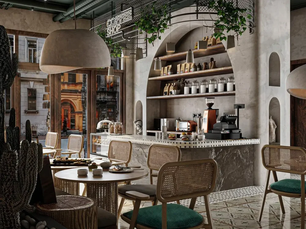 Modern cafe interior design featuring cozy seating and ambient lighting.