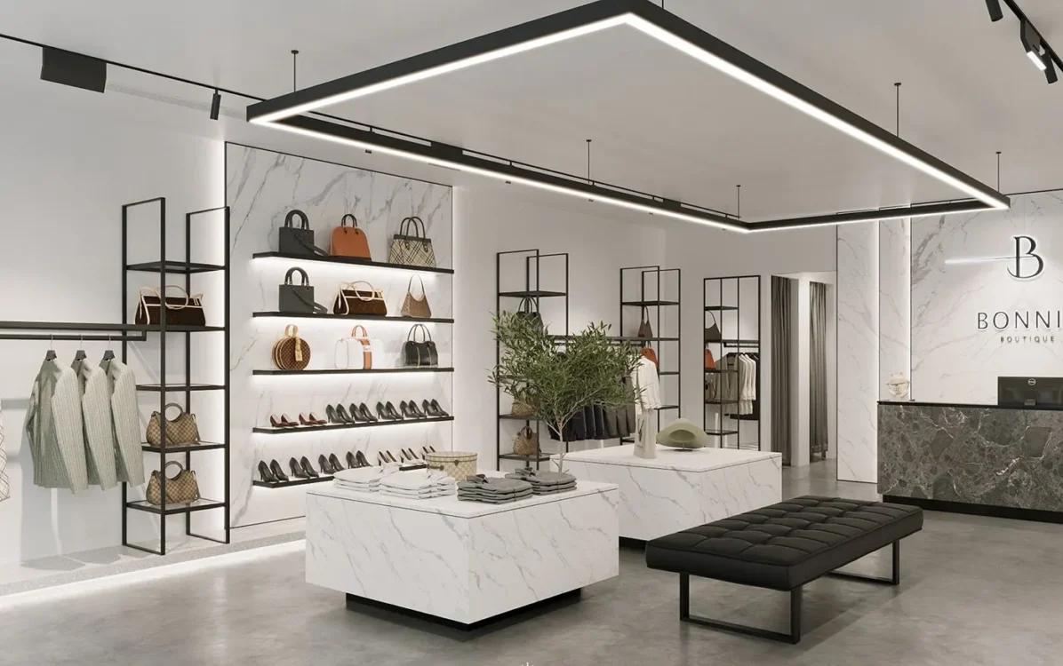 Visual elegance exemplified in our Fashion Shop Interior Design.