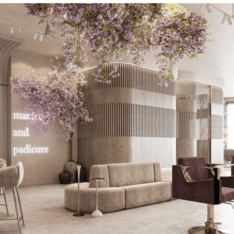 Artistic lounge theme in Dubai Salon Waiting Area Interior Design with creative elements.