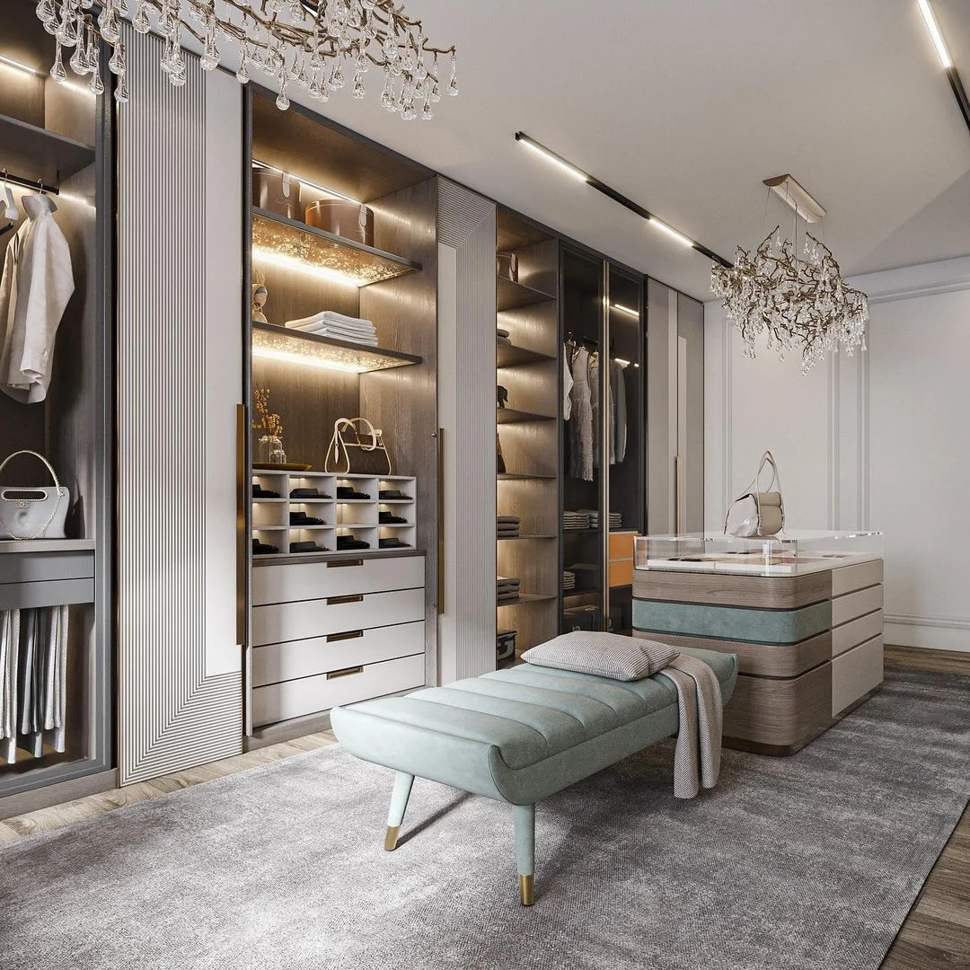 Chic retreat style in Dubai Penthouse Dressing Room Interior Design.