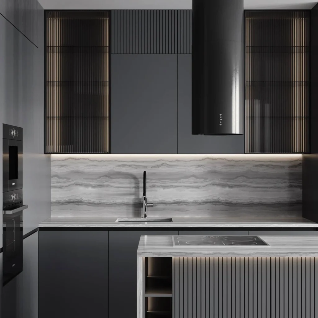 Minimalist chic in an Apartment Kitchen Interior Design in Dubai.