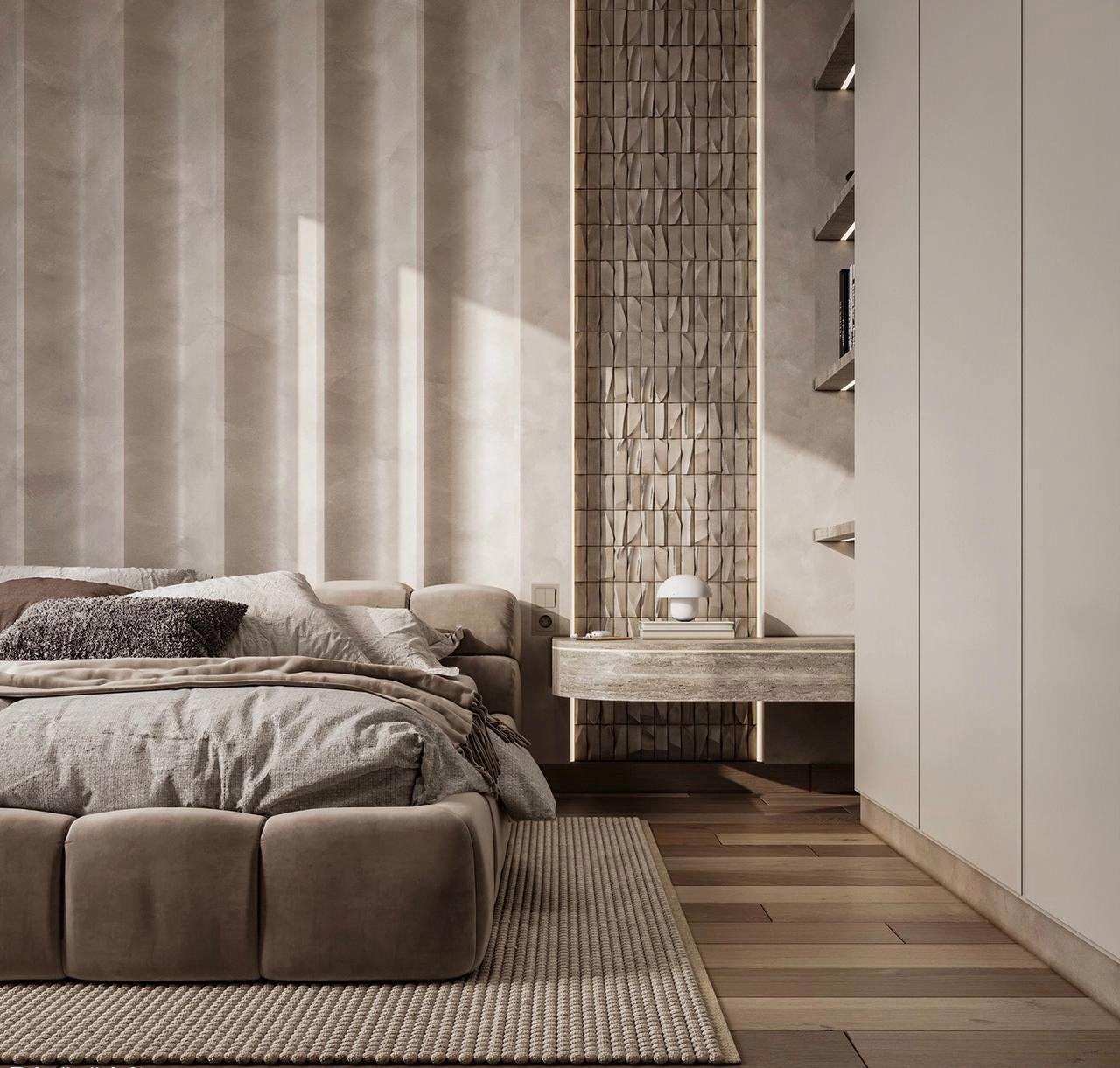 Minimalist haven in a Dubai Apartment Bedroom Interior Design.