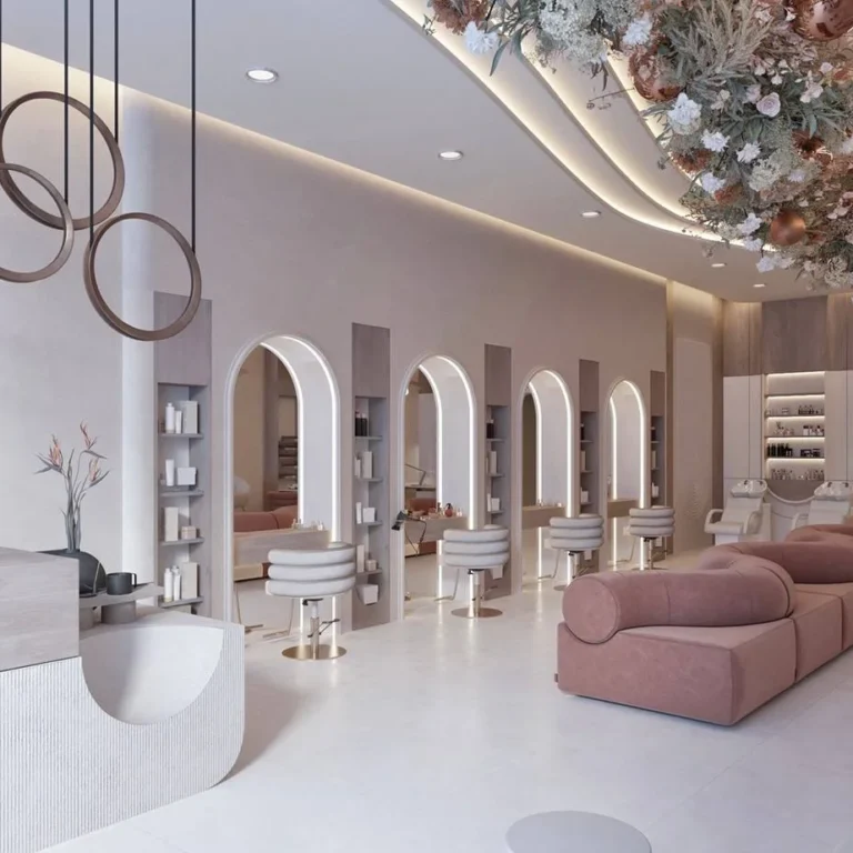 Tranquil oasis-inspired nail station area within a Dubai salon, featuring serene interior design elements.