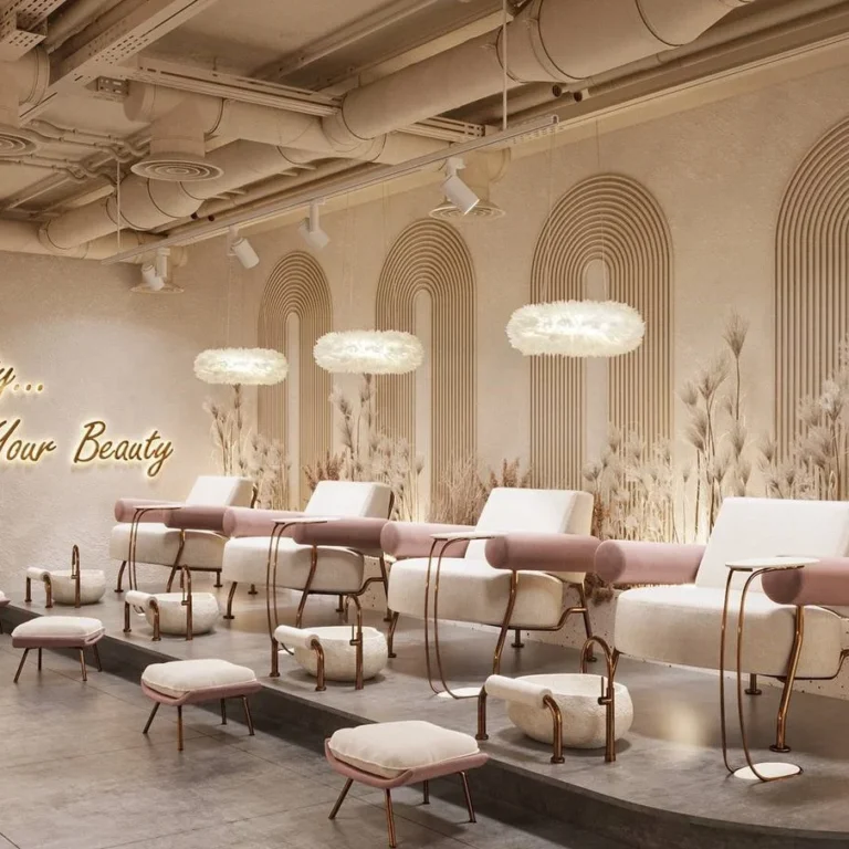 Opulent retreat atmosphere in Dubai's Salon Hair Station Area Interior Design.