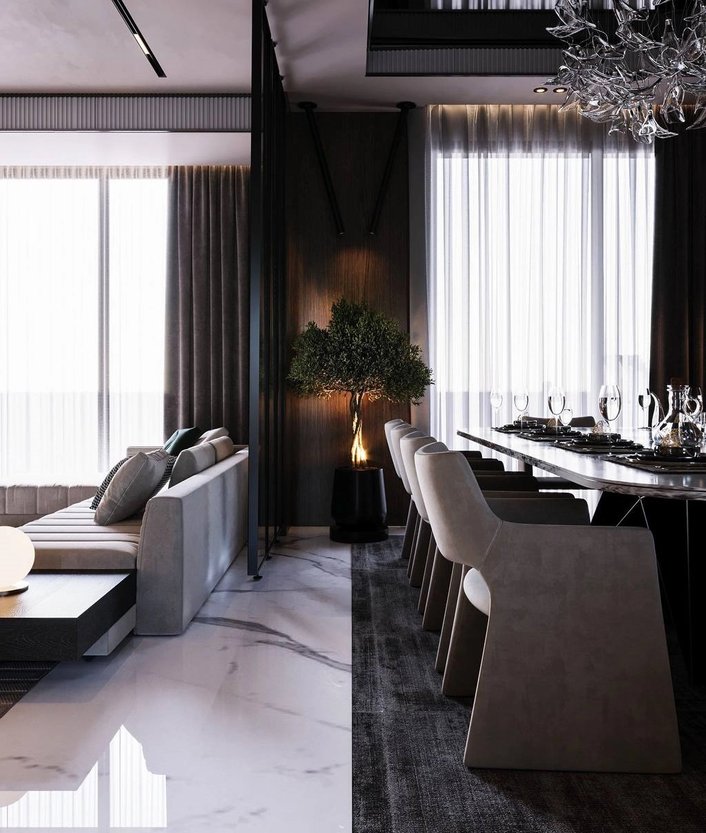 Opulent style prevalent in an apartment dining room interior design in Dubai.