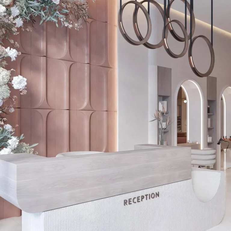 Minimalist and serene nail station in a Dubai salon, highlighting sleek and simple interior design.