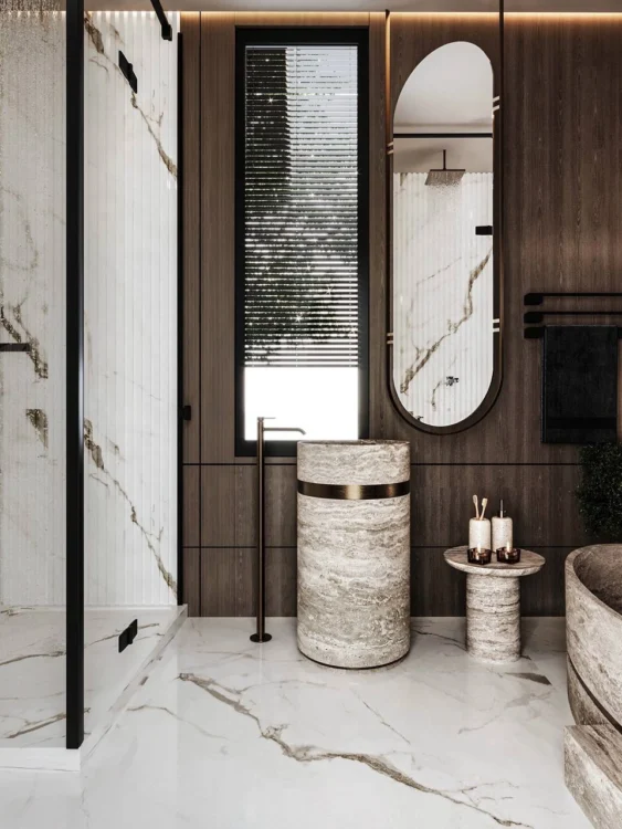 Regal splendor in Dubai Villa Bathroom Interior Design.