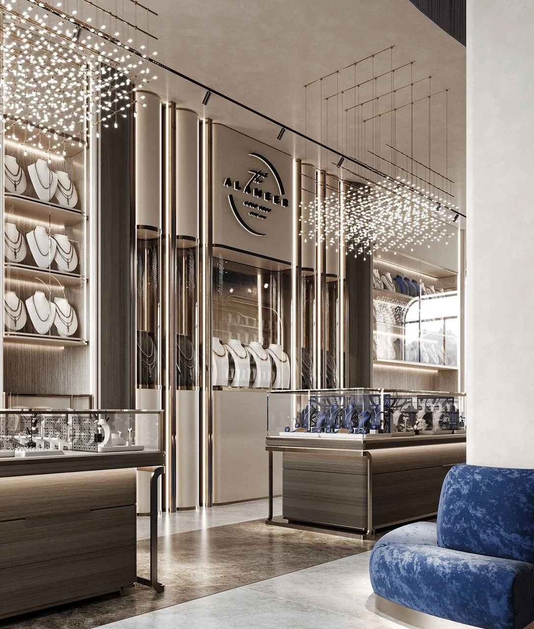 Elegance and luxury in the interior design of a jewellery shop in Dubai.